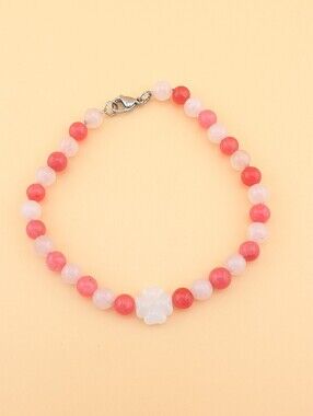 Rose Quartz Beaded Bracelet Pink Gemstone Boho Crystal Flower Charm Silver Clasp